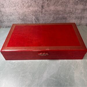 Vintage Mele Red Rectangular Shaped Hinged Jewelry Box with Gold Accents